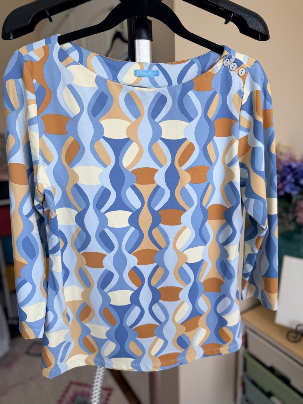 J. McLaughlin Wavesong Top Retro Geometric Boatneck 3/4 Sleeve Catalina Fabric